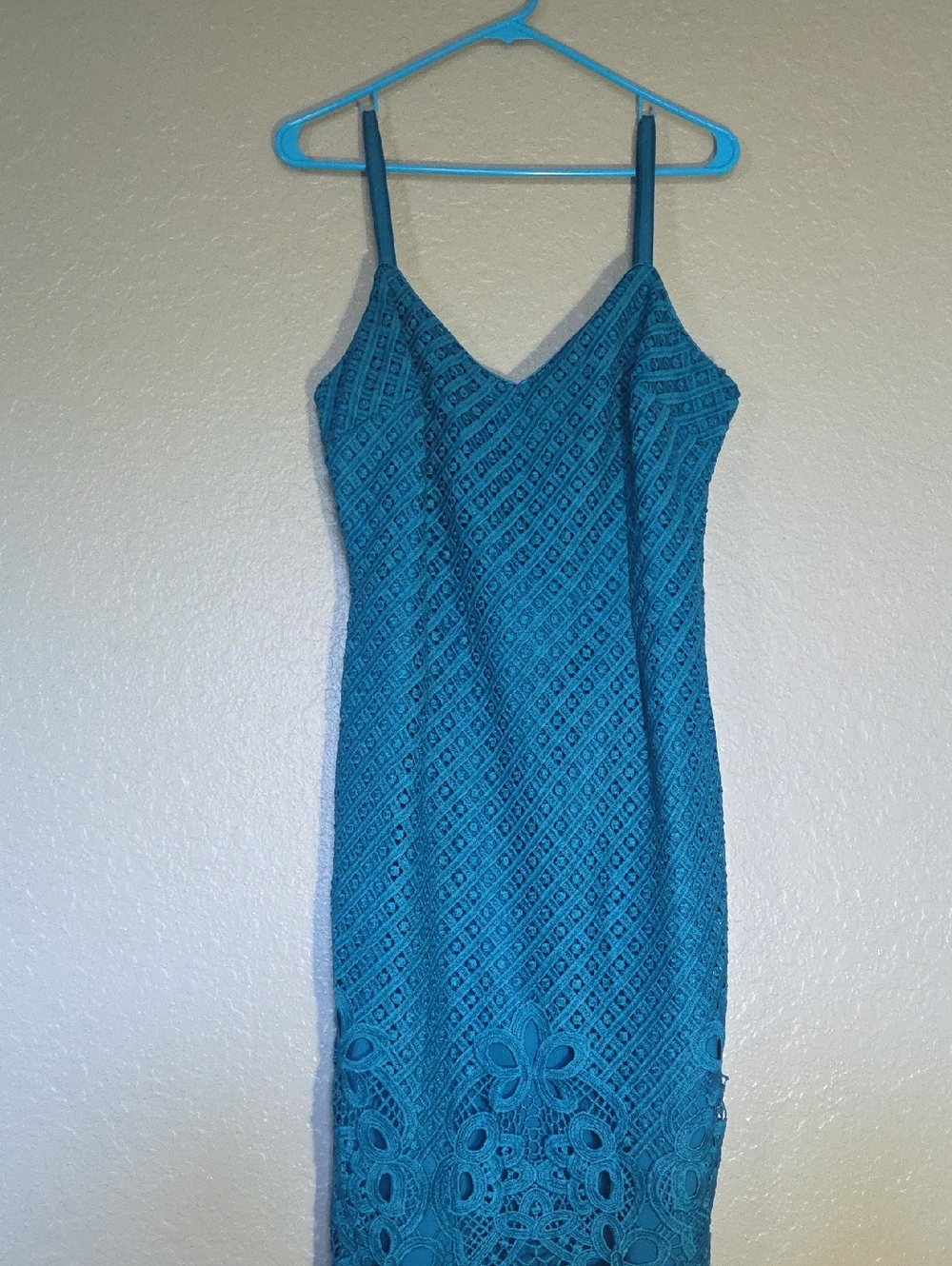 White House Black Market Teal Lace Crochet Midi Dress with Spaghetti Straps